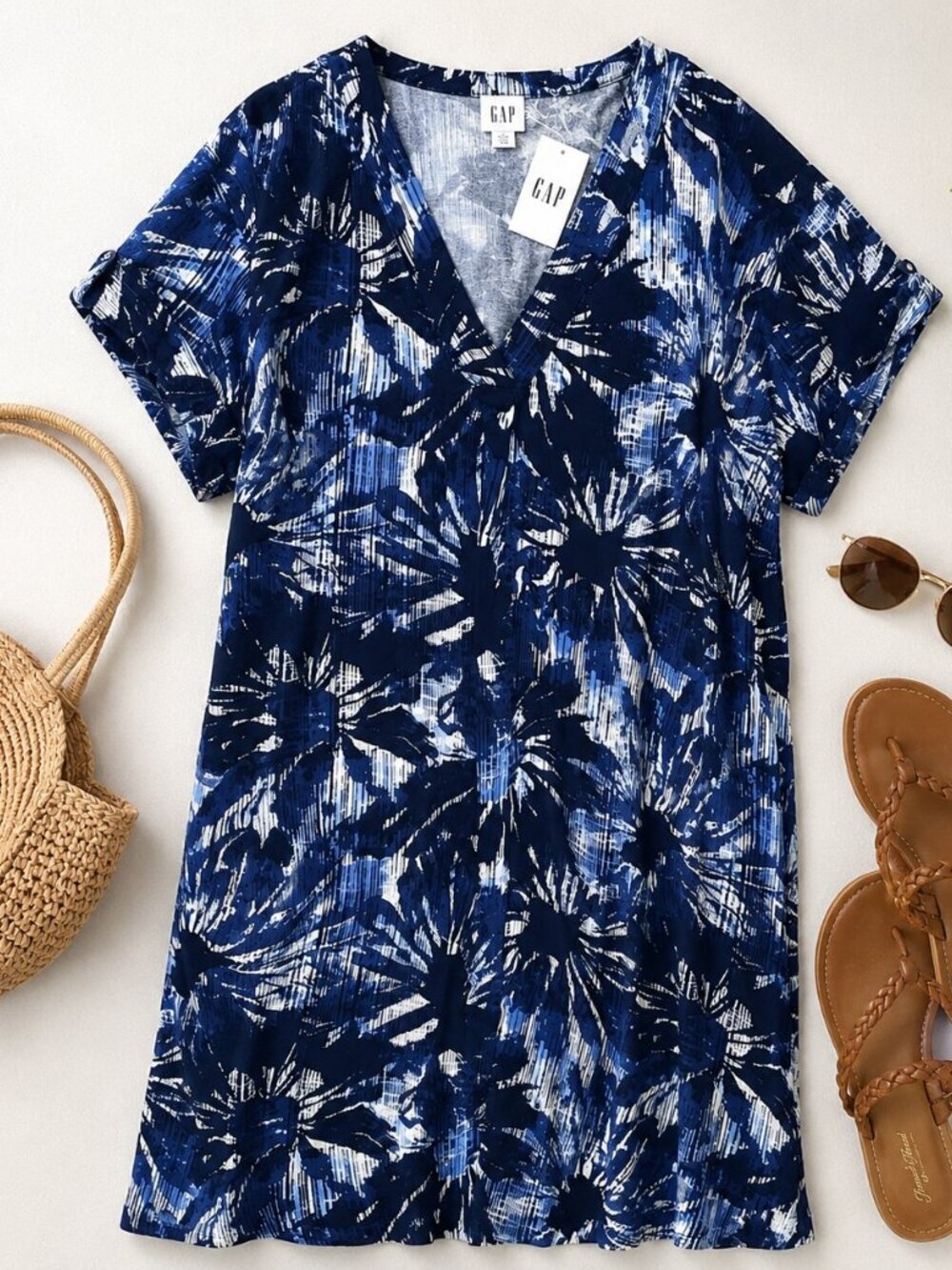 GAP Blue Tropical Print Shift Dress NWT Medium Rayon Vacation Dress